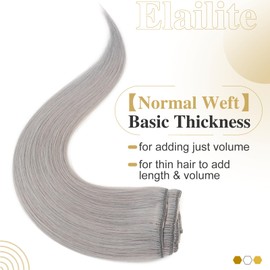 Elailite Real Hair Clip-In Extensions, 8 Wefts, Grey, Straight, Real Human Hair, 30 cm - 55 g, # Light Grey