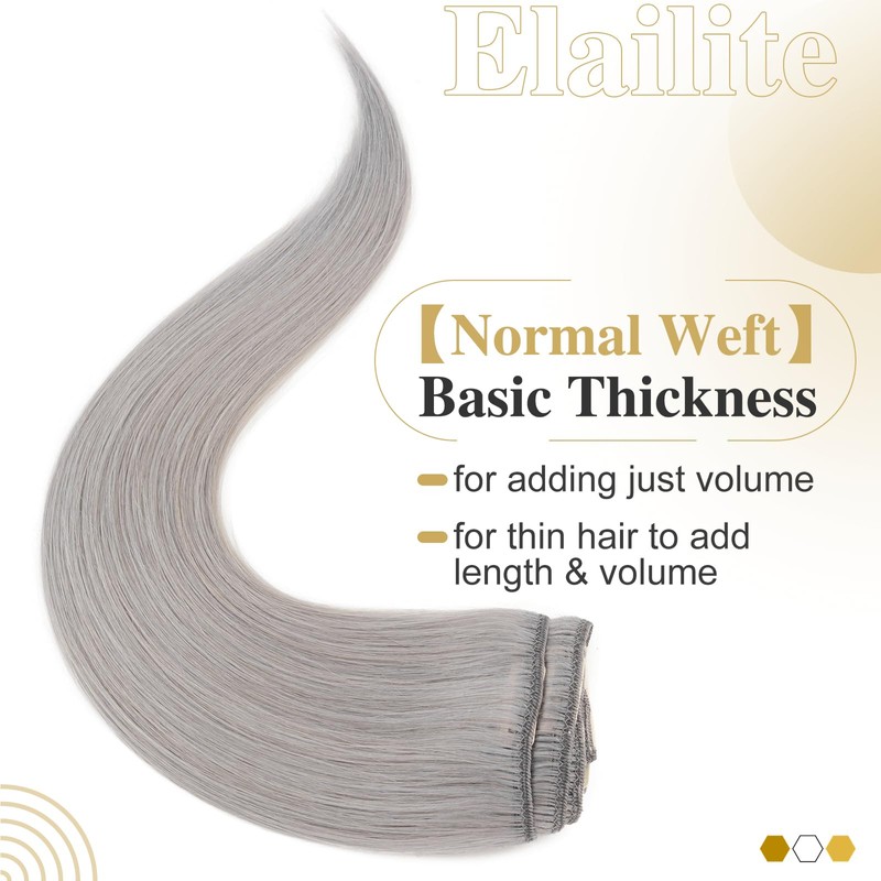 Elailite Real Hair Clip-In Extensions, 8 Wefts, Grey, Straight, Real