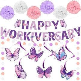 14pcs Purple Work Anniversary Decorations Purple Butterfly Happy Workiversary Banner Happy Work Anniversary Banner Hanging Swirls Pompoms Circle Dots Garland for Employee Appreciation Decorations