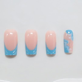RUOKEXIN Square Press on Nails French Tip Fake Nails Blue Ombre False Nails with Designs Medium Length Nail Press ons Sparkly Acrylic Artificial Nails Cute Stick on Nails for Women 24Pcs
