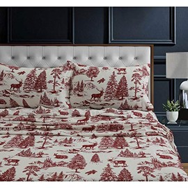 3 Pc Flannel Deep Pocket Sheet Set, Country Style Toile Pattern Queen Red Bedding Set Luxurious Fine Fiber Constructed Sanforized Deer Spruce Trees Texture Printed Fully Elasticized Fitted Sheet Set