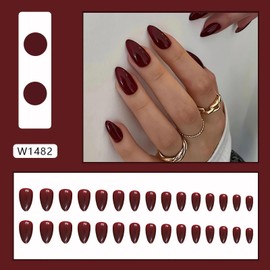 Almond Press on Nails Wine Red Fake Nails Medium Length Winter Glue on Nails for Christmas Holiday Nail Art Decorations Glossy Full Cover Stick on Nails Medium Almond False Nail Tips for Women