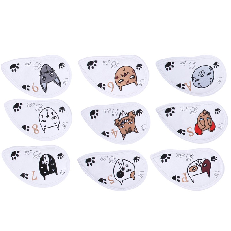 9PCS PU Leather Embroidery Waterproof Golf Putter Head Cover Iron
