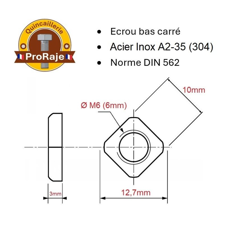 ProRaje Square Nut M6 Stainless Steel Low Shape/Flat Profile Stainless