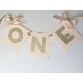 1st Birthday High Chair Banner. Blush and Gold Party Decorations. Gold Glitter Decor.