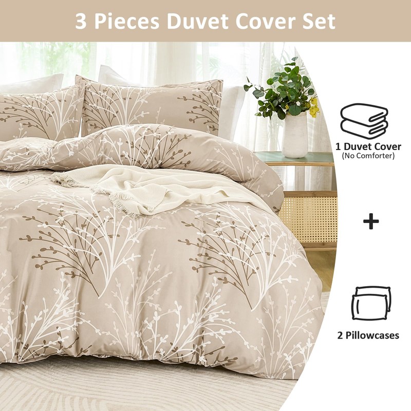 Fondream Beige Branch Duvet Cover Double 3 Pieces Botanical Printed