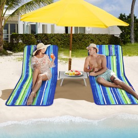 Tangkula 3-Piece Beach Chairs Set for Adults, Lightweight Lawn Lounge Chairs with 5 Adjustable Recline Positions, Zipper Pocket, Backpack 2 Pack with Folding Side Table (Stripe)