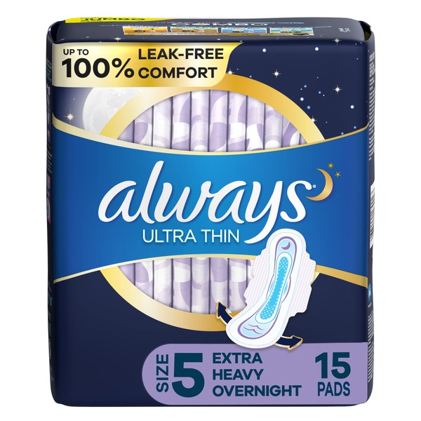 Always, Ultra Thin Pads for Women, Size 5, Extra Heavy Overnight Absorbency with Wings, 15 Count