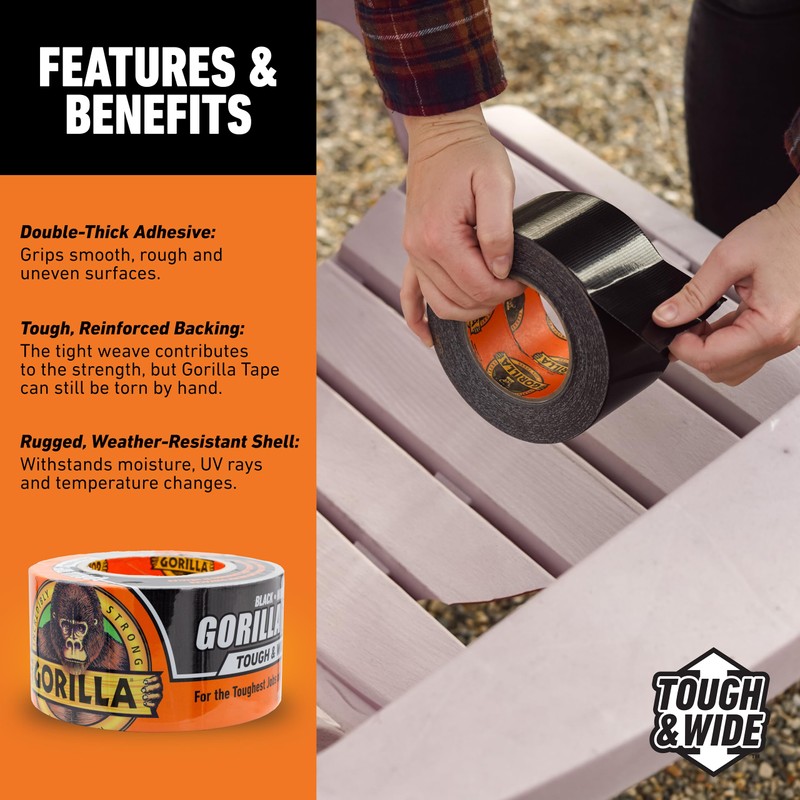 Gorilla Tape Tough & Wide, Black Tape, 2.88" x 25
