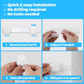 Child Safety Strap Locks for Cabinet, Fridge, Ovens, Toilet, Drawer, Trash can etc with Strong Adhesive Not Easy to Fall Off, Adjustable Length, 4 Packs