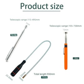 Telescopic Magnet, 3 Pcs Telescopic Magnetic Pickup Tool Set, Flexible Magnet Stick for Industrial Repair, Construction, Automotive, and Home Use, Extendable Range 11.5cm to 73cm