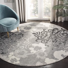 SAFAVIEH Adirondack Collection ADR114B Floral Glam Damask Distressed Non-Shedding Dining Room Entryway Foyer Living Room Bedroom Area Rug, 7' x 7' Round, Silver / Ivory