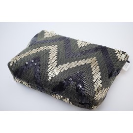 Sequin Embroidered Cosmetic Bag, Large Capacity Evening Clutch, Travel Makeup Organizer (Black and Gold Chevron Sequin Embroidery)