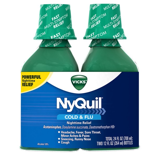 Vick NyQuil Cough Cold and Flu Nighttime Relief, Original Liquid, 2x12 Fl Oz