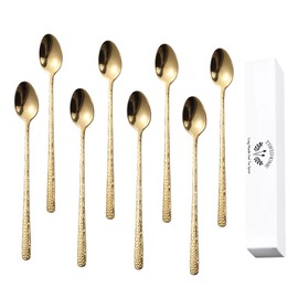 TSWEIHOME 8.4-Inch Hammered Golden Ice Tea Spoons Long Handle, Coffee Spoons, Ice Cream Spoons, Stainless Steel Cocktail Stirring Spoons, Tea Spoons，Set of 8