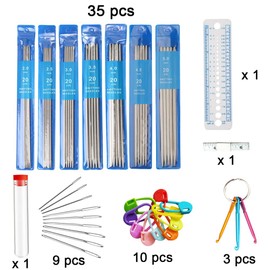 Dzsomt Knitting Needles Metal 35 Pieces Knitting Needle Set Knitting Needles for Socks Stainless Steel Double Pointed Knitting Needles with Needle Gauge 2.0 mm to 5.0 mm Short Straight Knitting