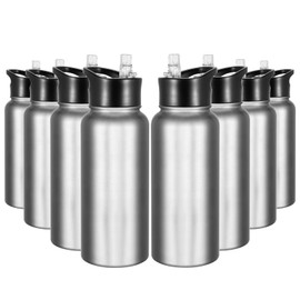 VQRRCKI 32 Oz Insulated Water Bottle Bulk 8 Pack, Stainless Steel Sports Water Bottles with Straw Lid & Wide Mouth Lids, Double Walled Vacuum, Leak Proof, Stainless Steel