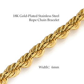 18K Gold Plated Rope Chain Bracelets for Women, 6mm Dainty Stainless Steel Bracelet, Non Tarnish, Womens Jewelry Gifts, 6.5" (Gold, Medium)