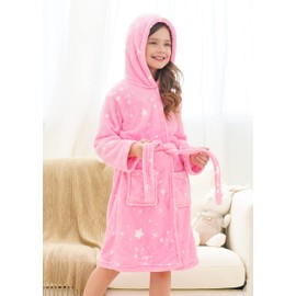 Doctor Unicorn Soft Hooded Rainbow Bathrobe Sleepwear for Girls (Pink White Star Dots, 7-9 Years)