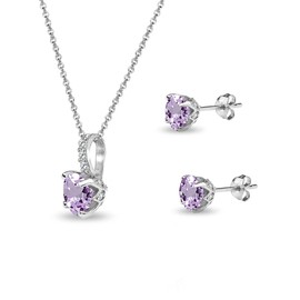 B. BRILLIANT Sterling Silver Amethyst & White Topaz Round Crown Stud Earrings & Necklace Jewelry Set for Women