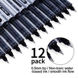 Liquid Ink Rollerball Pens, 12 Pack 0.5mm Stick Ballpoint Black Gel Pens for Adult Writing Note Taking School & Office Supplies