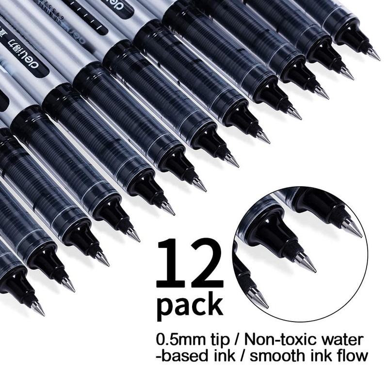 Liquid Ink Rollerball Pens, 12 Pack 0.5mm Stick Ballpoint Black