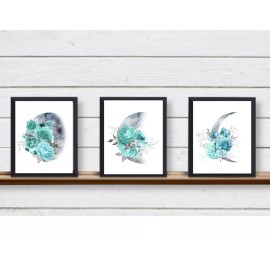 Set of 3 Moon Phases Gorgeous TEAL TURQUOISE Unframed Wall Art Prints Home Decor