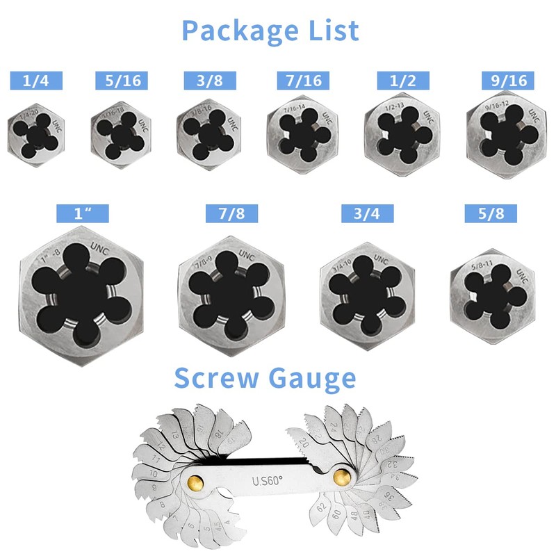 11 Piece UNC Hex Die Set 1/4" 5/16" 3/8" 7/16"
