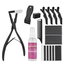 Lanshii Tape In Hair Extension Tool Kit Tape in Hair Sealing Pliers Flat Surface Double Sided Replacement Tape Tabs with Tape Remover Plastic Scraper Matte Black Alligator Clips