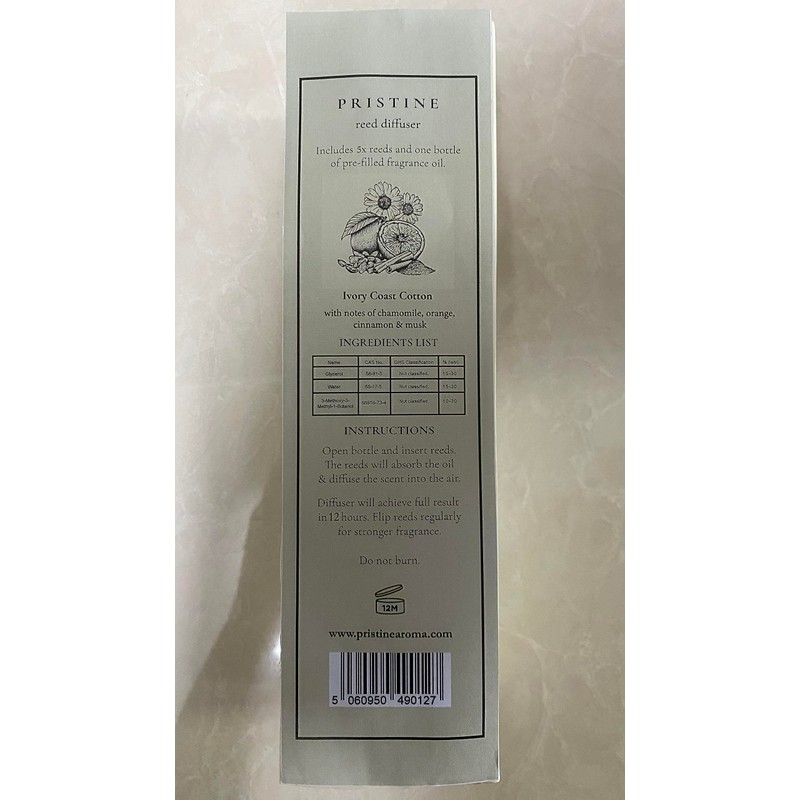 PRISTINE Ivory Coast Cotton/Inspired by Hyatt Hotel Scent Reed Diffuser