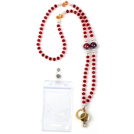 [Kizvora] Red Crystal Beaded Lanyard for ID Badges & Keys – Break-Resistant Steel Core Neck Strap with Smooth Retractable Reel & Card Holder – Stylish Work Accessories for Nurses, Teachers, Women