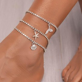 Zoestar Boho Rhinestone Anklet Multilayer Anklet Crystal Starfish Beach Anklet Jewelry for Women