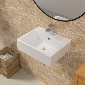 Floating Vessel Sink Rectangular - Sarlai 21 Inch Vessel Sink Wall Mounted Bathroom Sink Modern Rectangle Floating White Porcelain Ceramic Sink Vanity Sink Basin