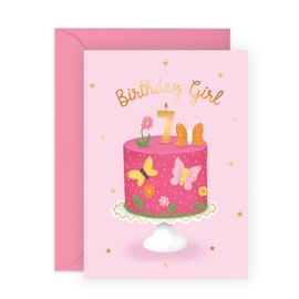 CENTRAL 23 Seventh Birthday Card for Girls - Happy 7th Birthday Card - Age 7 - Seven Year Old - Pink Butterfly for Kids - Daughter - Granddaughter - Comes With Fun Stickers