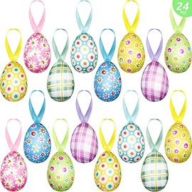 24 PCS Easter Eggs Hanging Ornaments, Buffalo Plaid Dots Easter Hanging Eggs, Easter Decorations, Colorful Decorative Eggs Baubles Ornaments, Spring Farmhouse Easter Tree Ornaments Basket Filler Decor