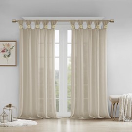 Madison Park Rosette Floral Embellished Cuff Tab Top Solid Window Treatments Curtain Panel Drape for Bedroom Living Room and Dorm, 50"x84", Linen