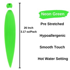 Neon Green Braiding Hair Pre Stretched ez Braid Hypoallergenic Prestretched Colored Braiding Hair Synthetic Braids Yaki Texture (26 Inch,4 Packs)
