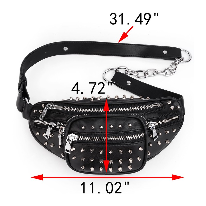 UTO Fanny-Pack-for-Women-Leather Vegan Waist Bag Rivet Studded Lightweight Zipper Pocket