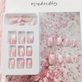 Square Press on Nails Short Cute Butterfly Nails Acrylic False Nails with Aurora and Stars Designs Artificial Nails Press ons Reusable Glue on Nails for Women and Girls 24 Pcs