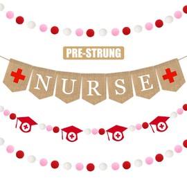 Nurse Banner, 4 Pcs Nursing Party Decorations Burlap Bunting Pennant and Felt Graduation Cap with Red Pink White Pom Pom Ball Garland Congrats Grad for Thank You Nurses Lab Week College School Decor