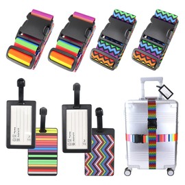 Pack of 4 Luggage Straps with 4 Luggage Tags Suitcase Strap Colourful Luggage Strap Travel Accessories Suitcase Strap Adjustable Multifunctional Luggage Strap for Suitcase Webbing Suitcase Straps