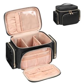 Cosmetic Bag Large Travel Make Up Bag Women's Makeup Bag with Brush Holder Compartment, Portable Makeup Bag Organiser (Black)