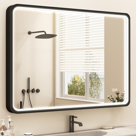 STARLEAD LED-Bathroom-Mirror-with-Lights, 28"x36" Wall-Mounted with Anti-Fog, 3 Colors Dimmable Light, Waterproof, Tempered Glass, Black Framed
