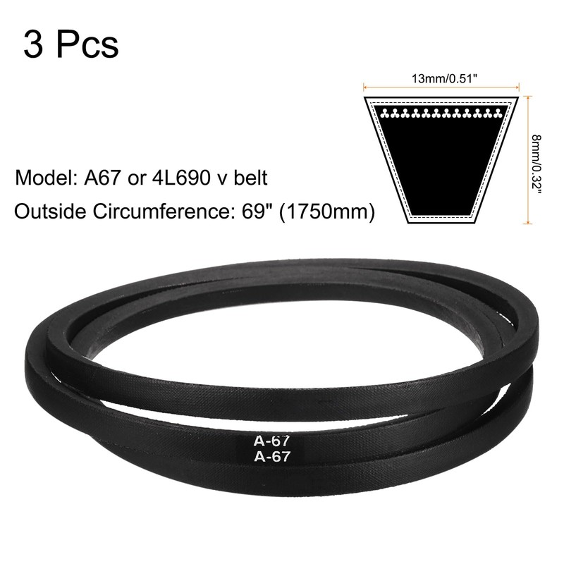 sourcing map 3pcs A67 or 4L690 Classic Wrapped Rubber V-Belt,