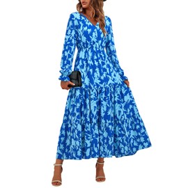 BTFBM Women Spring Dresses 2025 Casual Long Sleeve V Neck Maxi Dresses Floral Boho Long Dress Wedding Guest Dress(Dark Blue Light Blue Flower,Medium)