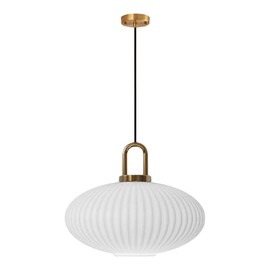 Brikey White Glass Pendant Light with Brass Gold Base, White Ceiling Light Hanging Lamp for Bedside Dining Table Kitchen Island (11.8 inch, White)