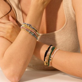 Kainier Gold Beaded Bracelets for Women 2Pairs 14K Gold Plated Stretch Bracelet Set Stackable Tarnish Dainty Natural Stone Bead Bracelets Gift (Malachite)