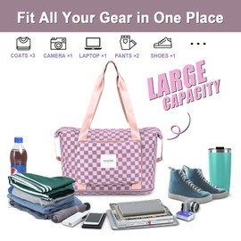 WOOMADA Foldable Travel Duffel Bag, Weekender Bags for Women, Tote Bag with Expandable Space, Carry on bags for airplanes with Wet Pocket & Trolley Sleeve, Gym Bag for Women (pink checkerboard)