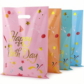 Happy Birthday Party Favor Bags 40 Pack | Medium Plastic Goodie Bags 9.8 x 6.3 Inch with Cut-Out Handles | Reusable Treat Bags for Birthday Party, Loot Bags, Candy Bags, Gift Bags in 4 Assorted Colors for Celebrations