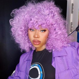 PORSMEER Curly Afro Wigs for Black Women Natural High Heat Synthetic Hair Wig with Fringe Kinky Big Wave Full Wig for Cosplay Party Darily Wear (Purple)